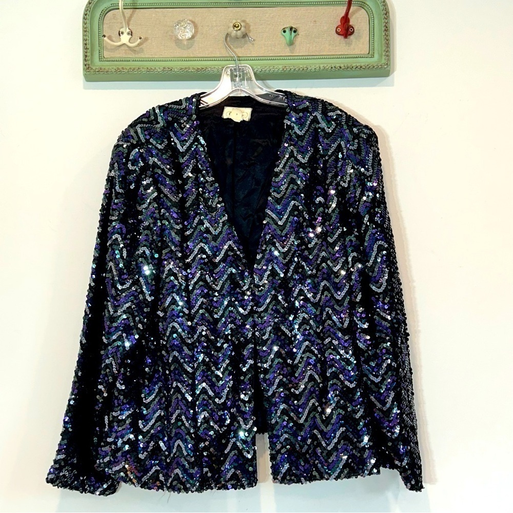 Vintage Edith Flagg etc California purple dark Sequin Jacket Open Front Women XL